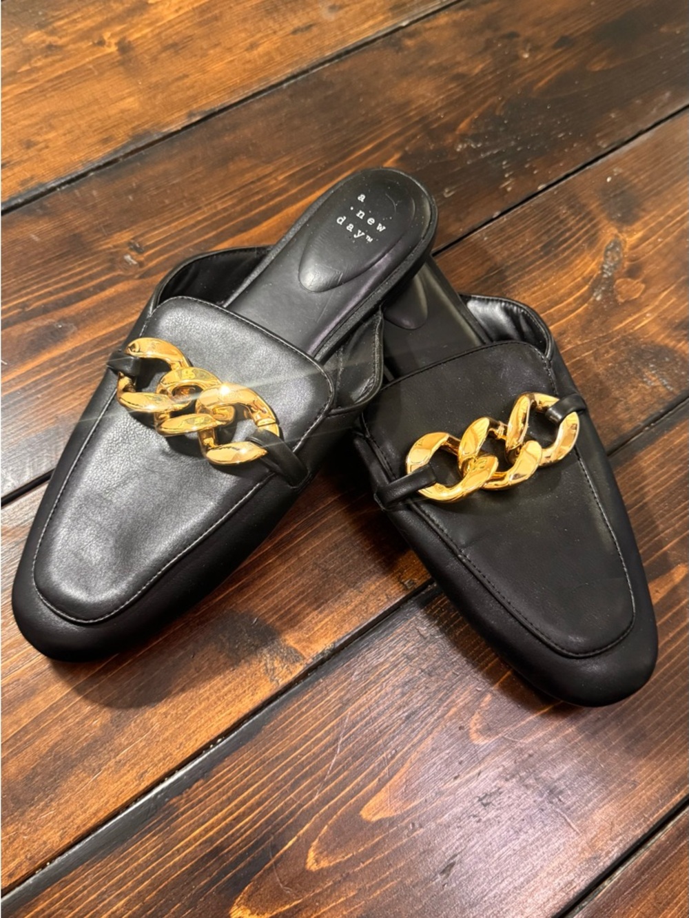 Black Slip-On Loafers with Gold Chain Accent - women 9